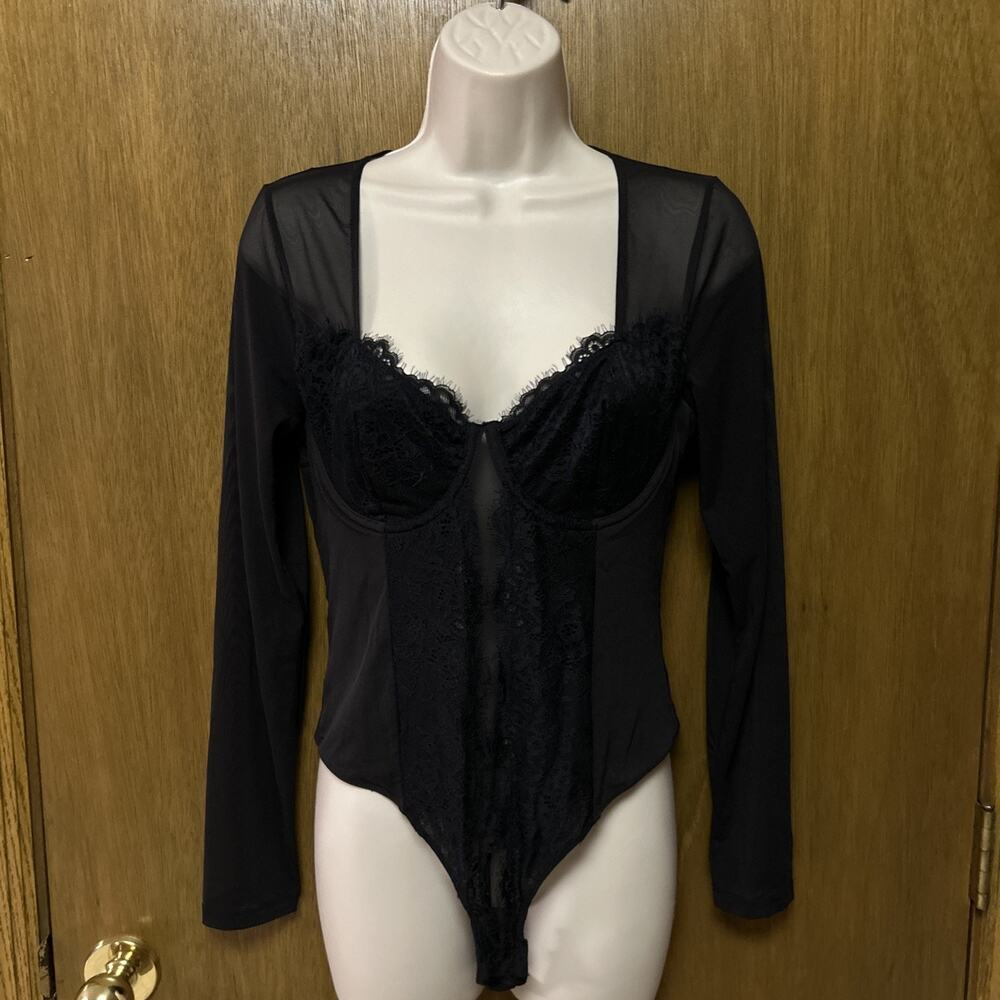 Mesh/Lace BODYSUIT Size M/L? Sheer Long Sleeve Snap Bodysuit UNDERWIRE G26